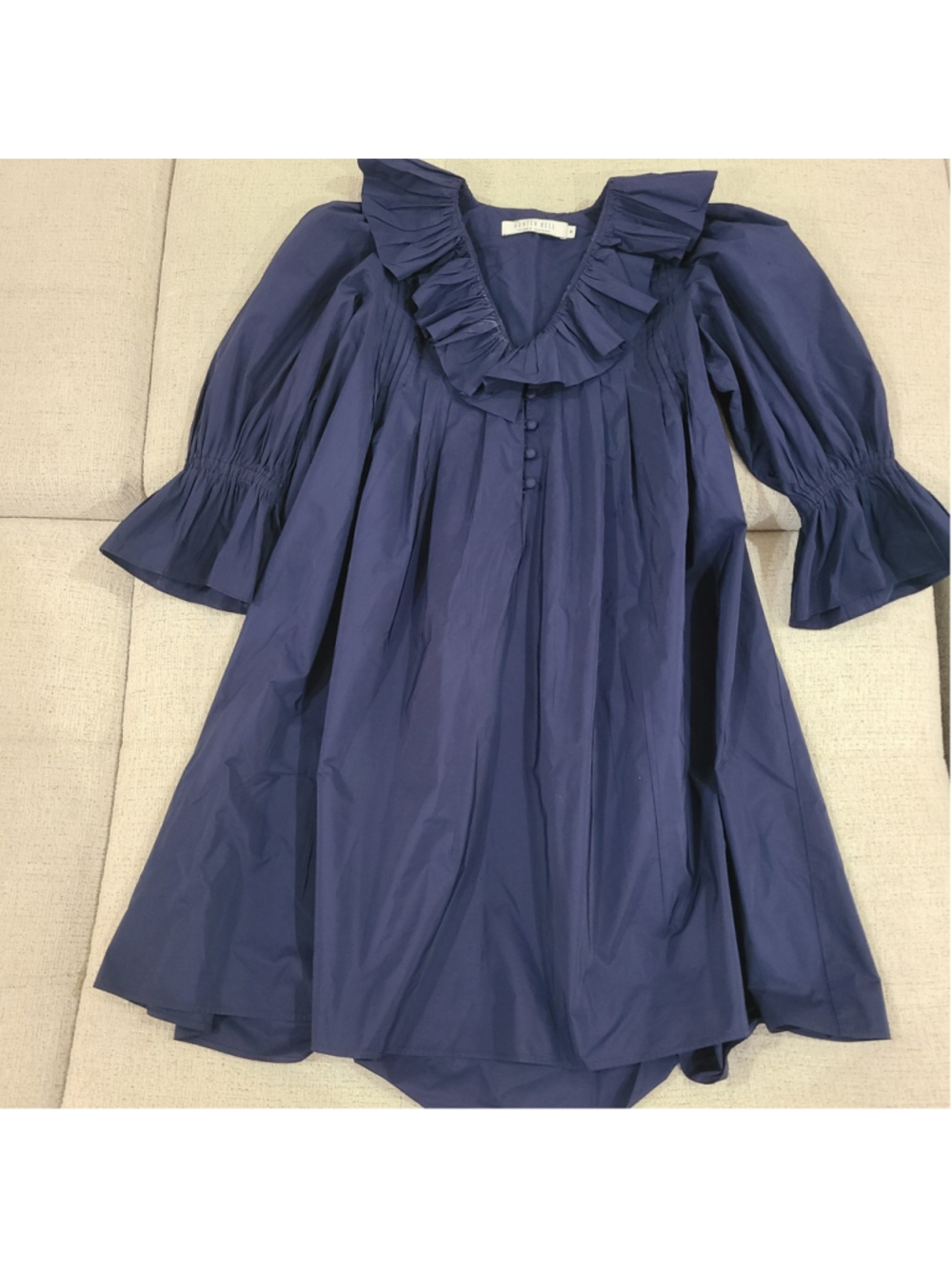 Hunter Bell Sullivan Ruffled Neck Puff Sleeve Mini Dress Navy Blue SZ Medium - Picture 3 of 10